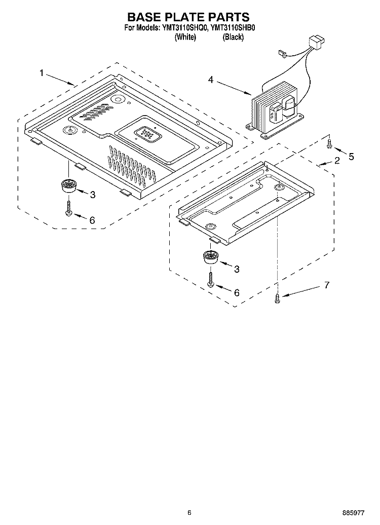BASE PLATE PARTS Diagram and Parts List for YMT3110SHB0  Whirlpool Microwave