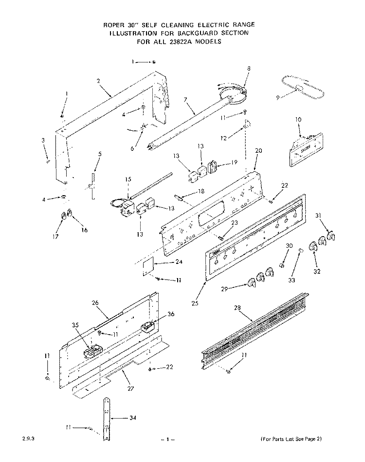BACKGUARD Diagram and Parts List for 2382W2A  Roper Range