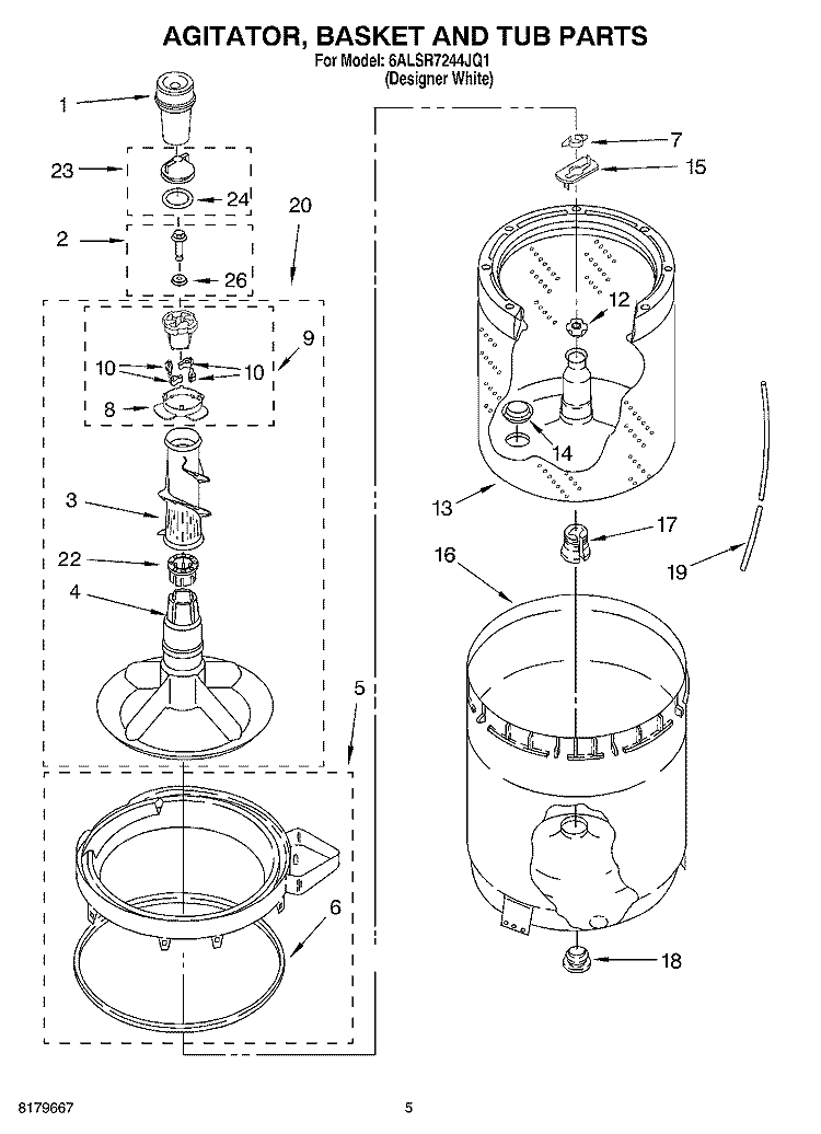 AGITATOR, BASKET AND TUB PARTS Diagram and Parts List for 6ALSR7244JQ1  Whirlpool Washer