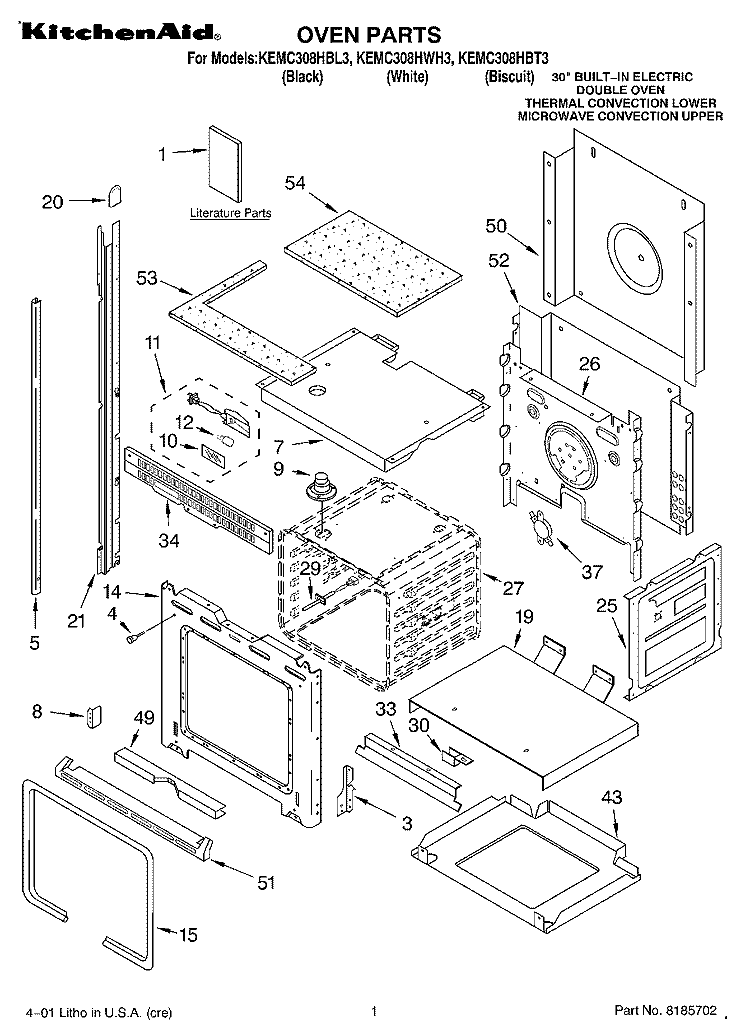 OVEN, LITERATURE Diagram and Parts List for KEMC308HBT3  KitchenAid Microwave Oven Combo