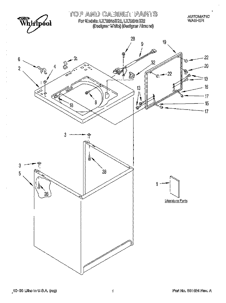 TOP AND CABINET, LITERATURE Diagram and Parts List for LXR9245EZ2  Whirlpool Washer