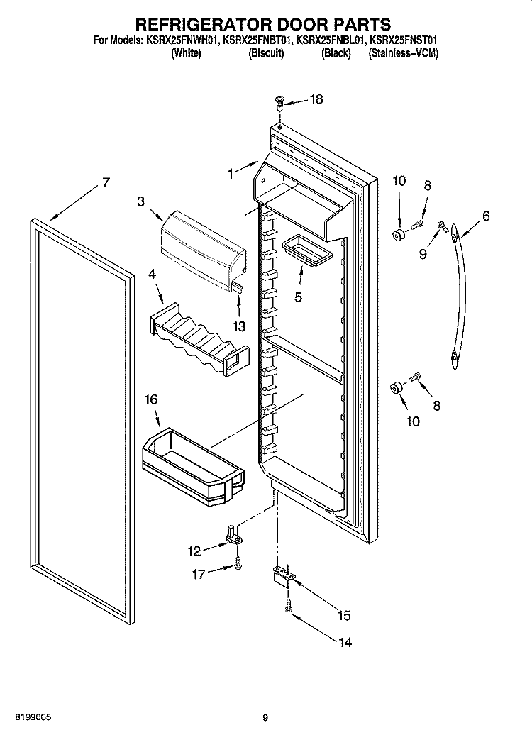 REFRIGERATOR DOOR PARTS Diagram and Parts List for KSRX25FNBL01  KitchenAid Refrigerator
