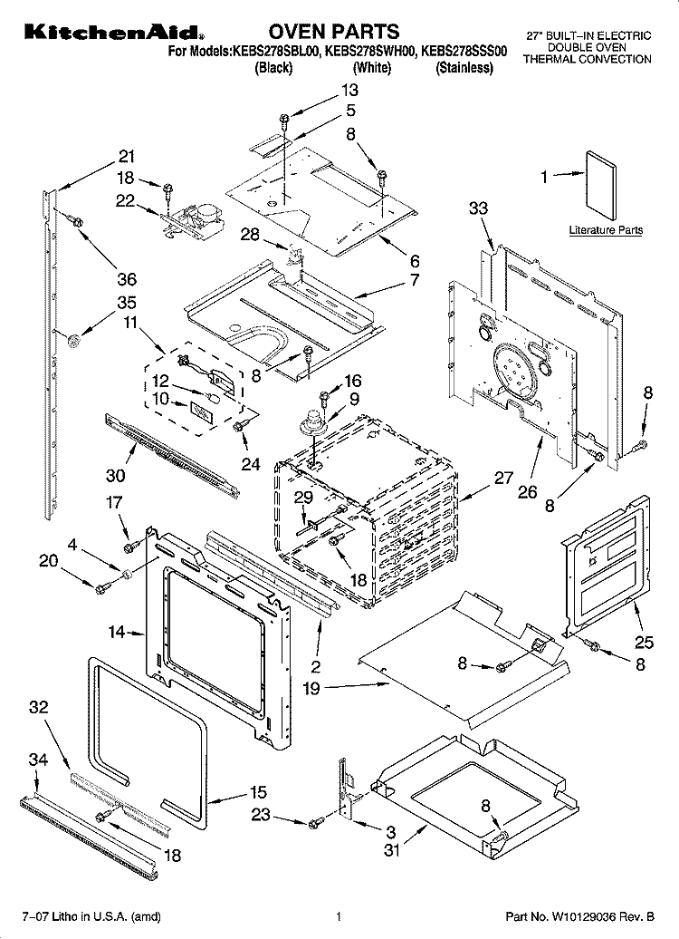 OVEN PARTS Diagram and Parts List for KEBS278SSS00  KitchenAid Wall Oven
