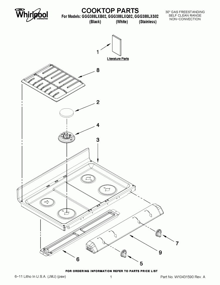COOKTOP PARTS Diagram and Parts List for GGG388LXQ02  Whirlpool Range