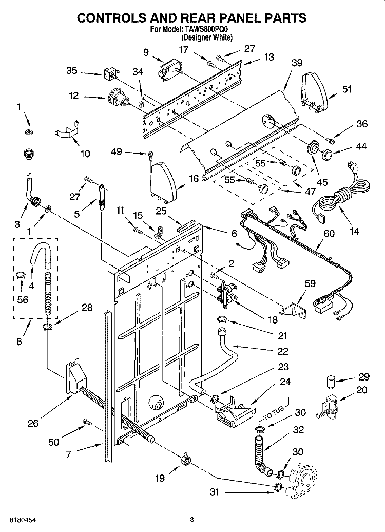 CONTROLS AND REAR PANEL PARTS Diagram and Parts List for TAWS800PQ0  Estate Washer