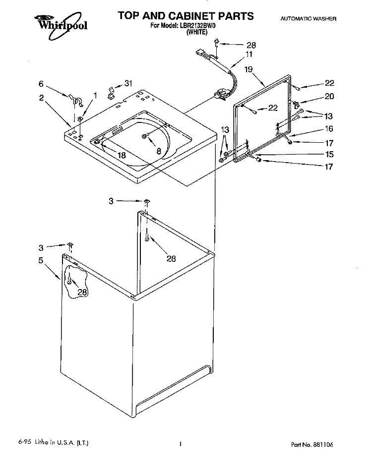 TOP AND CABINET, LIT/OPTIONAL Diagram and Parts List for LBR2132BW0  Whirlpool Washer