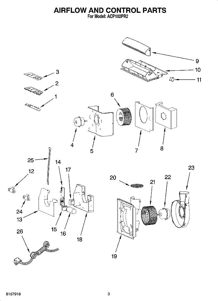 AIR FLOW AND CONTROL PARTS Diagram and Parts List for ACP102PR2  Whirlpool Air Conditioner