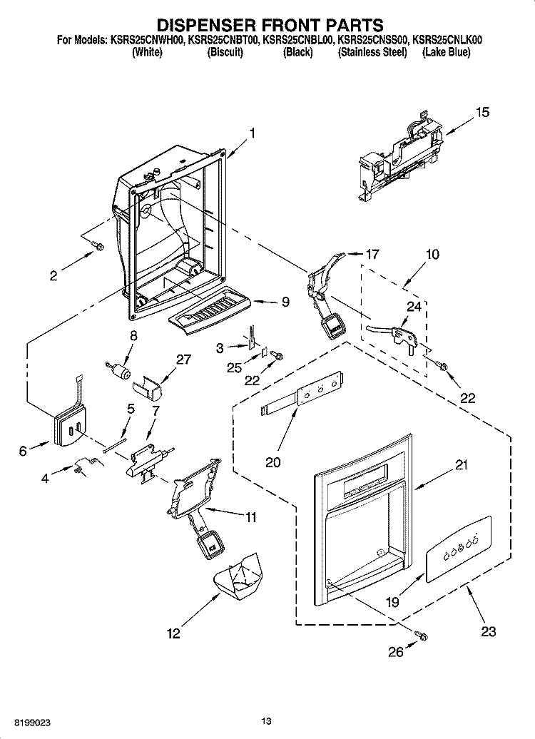 DISPENSER FRONT PARTS Diagram and Parts List for KSRS25CNLK00  KitchenAid Refrigerator