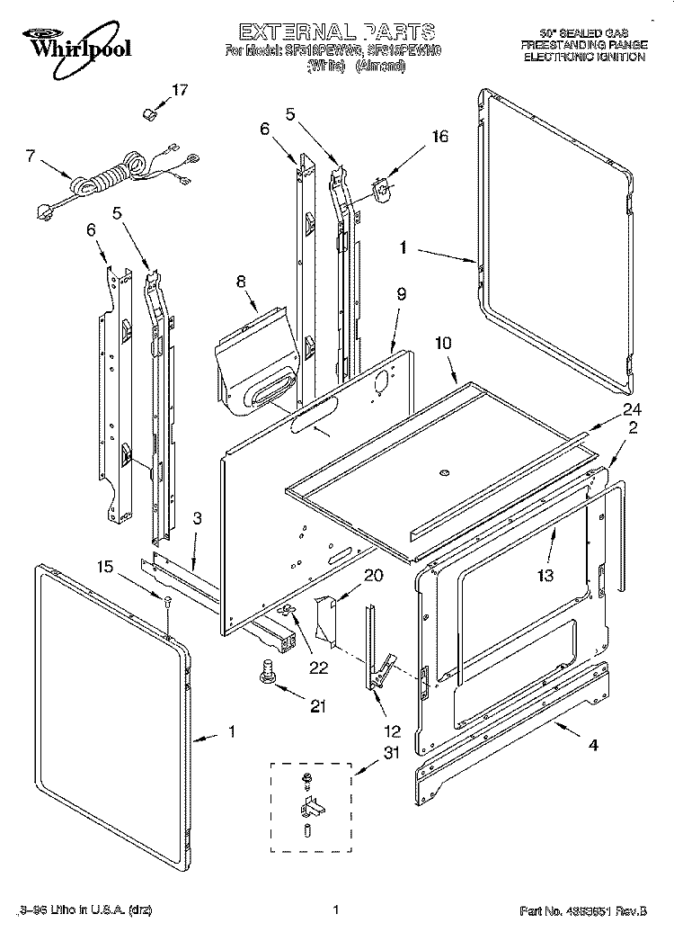 EXTERNAL Diagram and Parts List for SF318PEWN0  Whirlpool Range