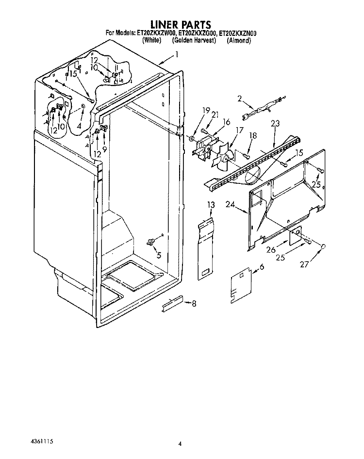 LINER Diagram and Parts List for ET20ZKXZW00  Whirlpool Refrigerator