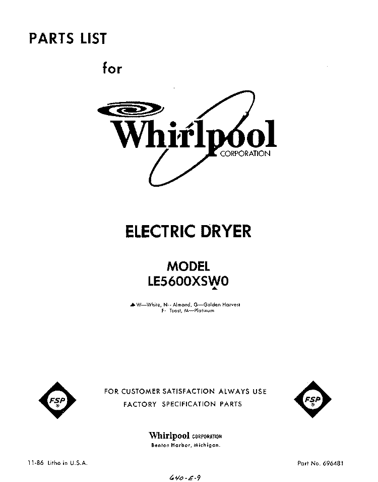 SECTION Diagram and Parts List for LE5600XSW0  Whirlpool Dryer