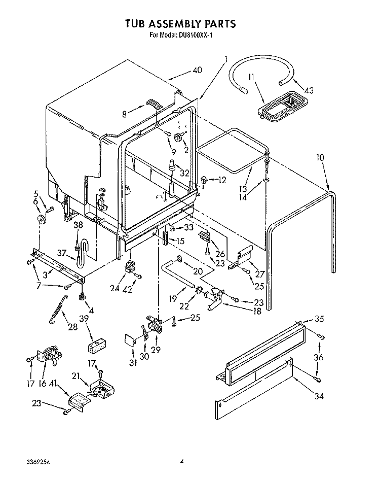 TUB ASSEMBLY Diagram and Parts List for DU8100XX1  Whirlpool Dishwasher