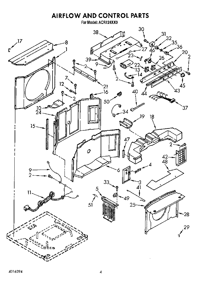 AIRFLOW AND CONTROL Diagram and Parts List for ACR124XX0  Whirlpool Air Conditioner