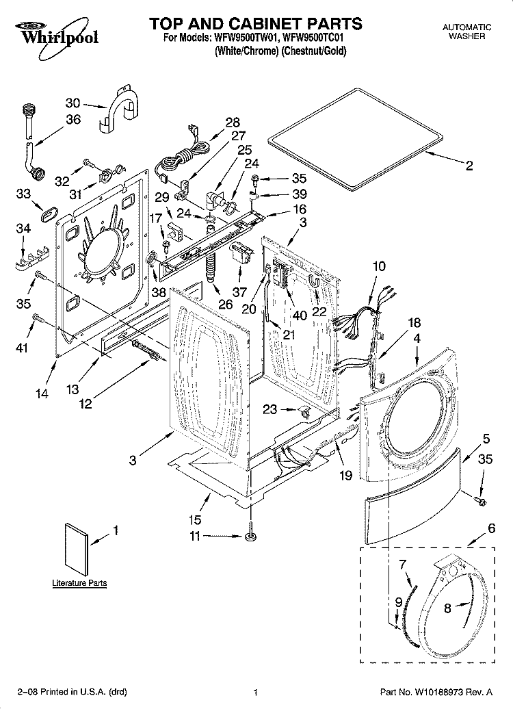 TOP AND CABINET PARTS Diagram and Parts List for WFW9500TC01  Whirlpool Washer