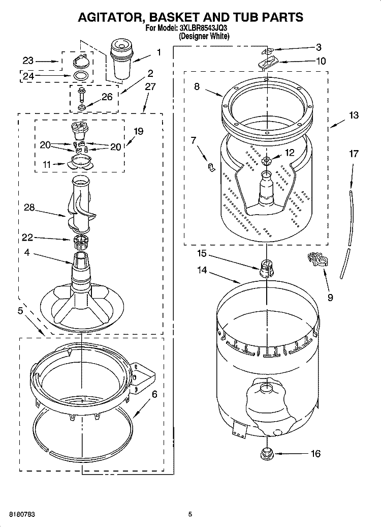 AGITATOR, BASKET AND TUB PARTS Diagram and Parts List for 3XLBR8543JQ3  Whirlpool Washer