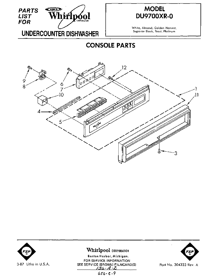 CONSOLE Diagram and Parts List for DU9700XR0  Whirlpool Dishwasher
