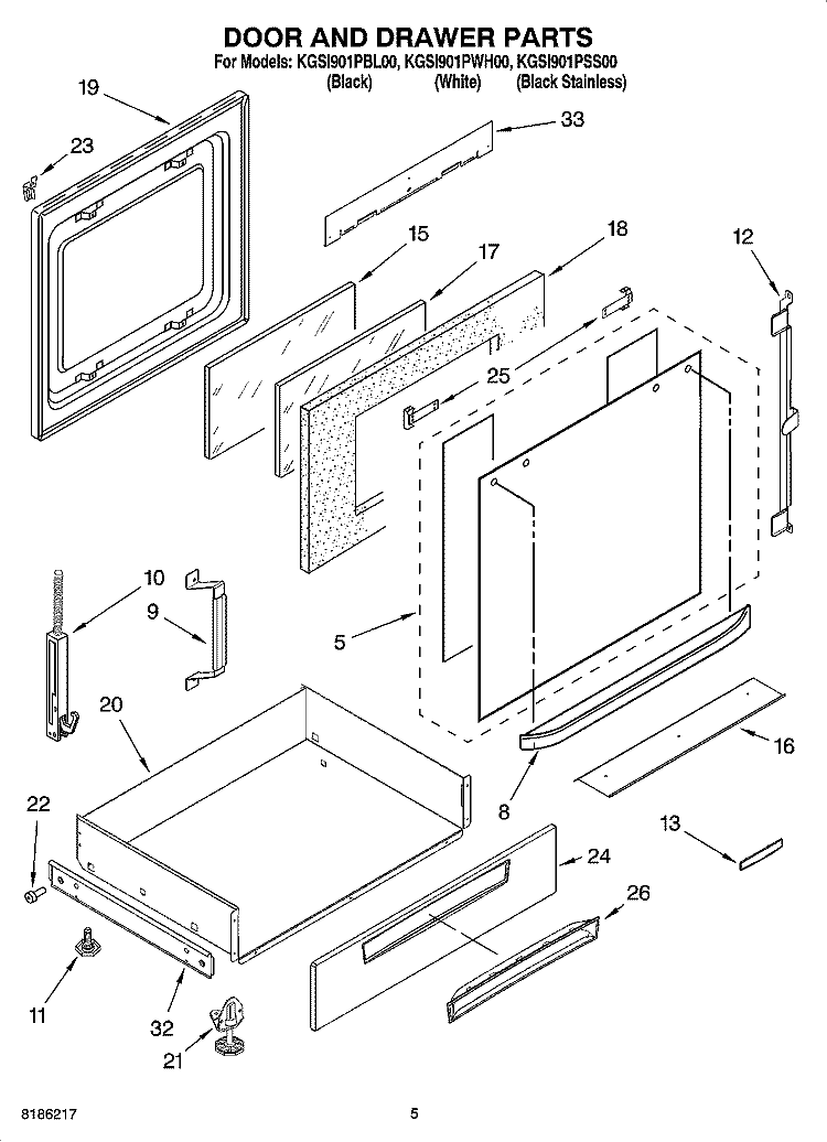 DOOR AND DRAWER PARTS Diagram and Parts List for KGSI901PSS00  KitchenAid Range