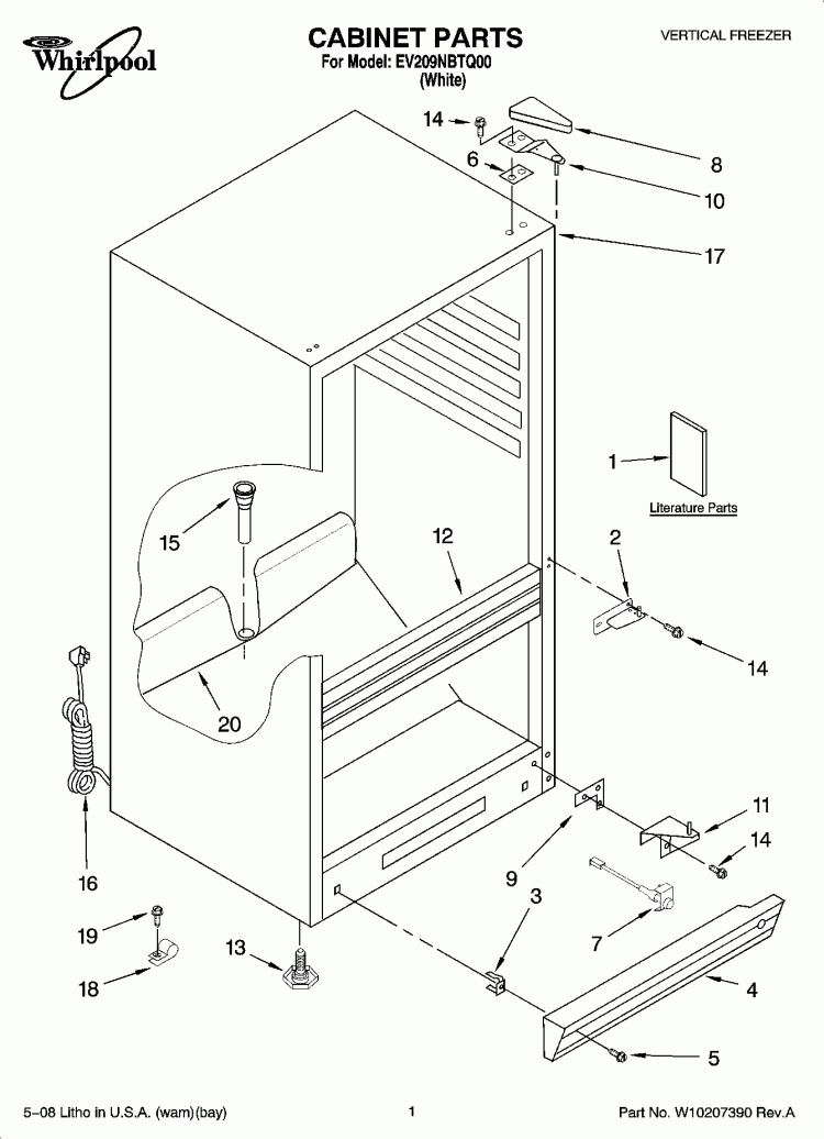 CABINET PARTS Diagram and Parts List for EV209NBTQ00  Whirlpool Freezer