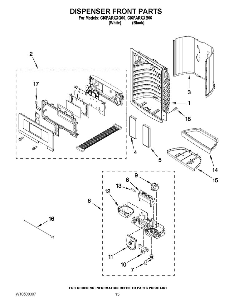 DISPENSER FRONT PARTS Diagram and Parts List for GI6FARXXB06  Whirlpool Refrigerator