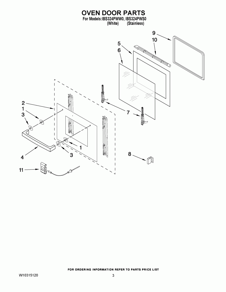 OVEN DOOR PARTS Diagram and Parts List for IBS324PWW0  Whirlpool Wall Oven