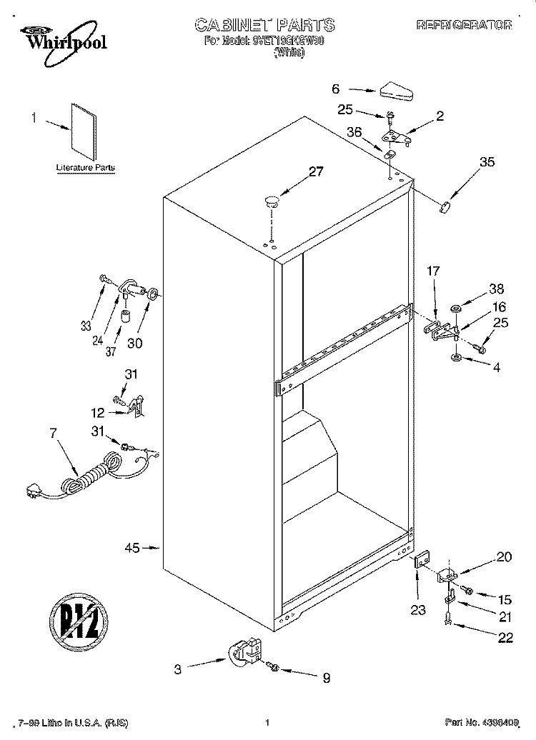 CABINET, LITERATURE Diagram and Parts List for 8VET18GKGW00  Whirlpool Refrigerator