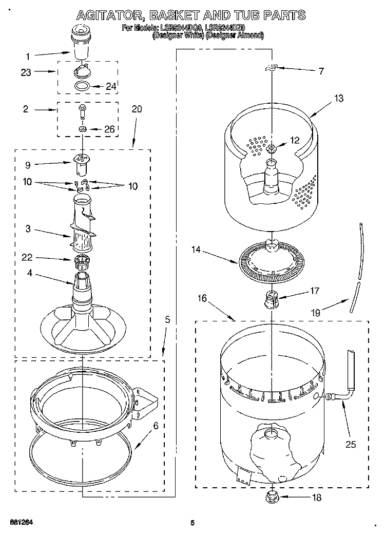AGITATOR, BASKET AND TUB Diagram and Parts List for LSR8244DZ0  Whirlpool Washer