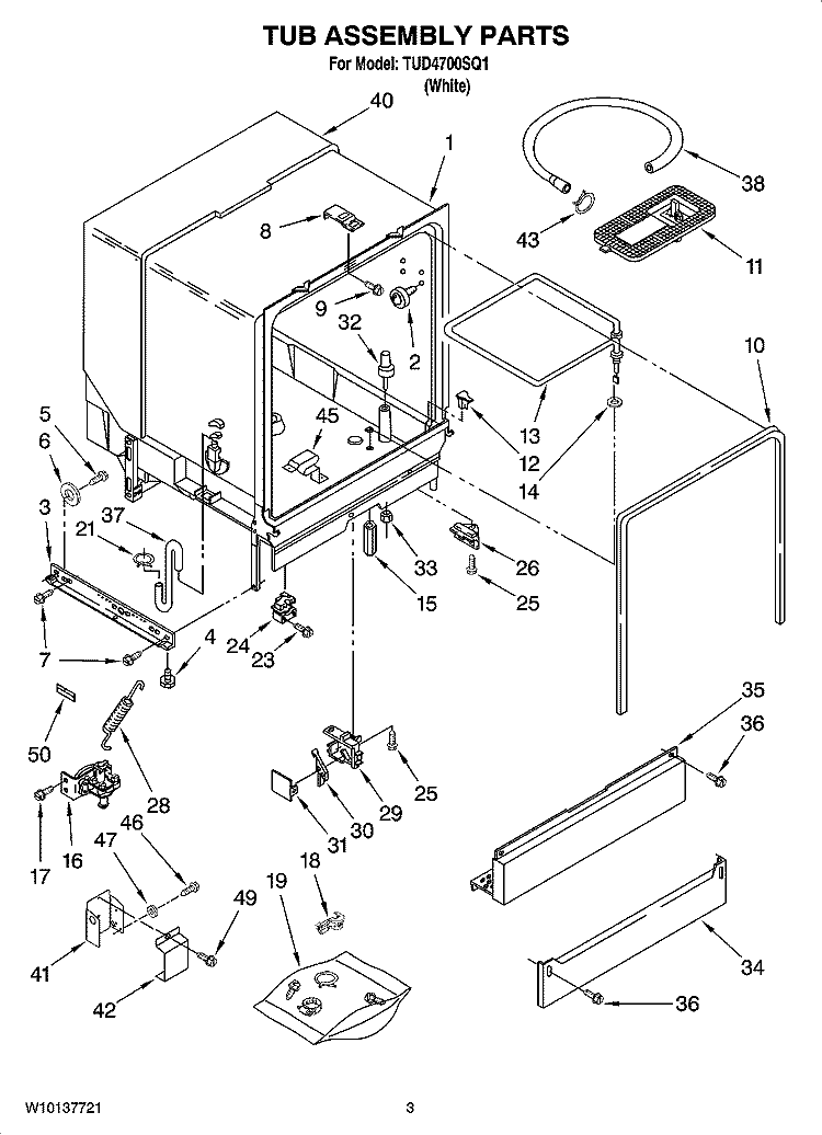 TUB ASSEMBLY PARTS Diagram and Parts List for TUD4700SQ1  Estate Dishwasher
