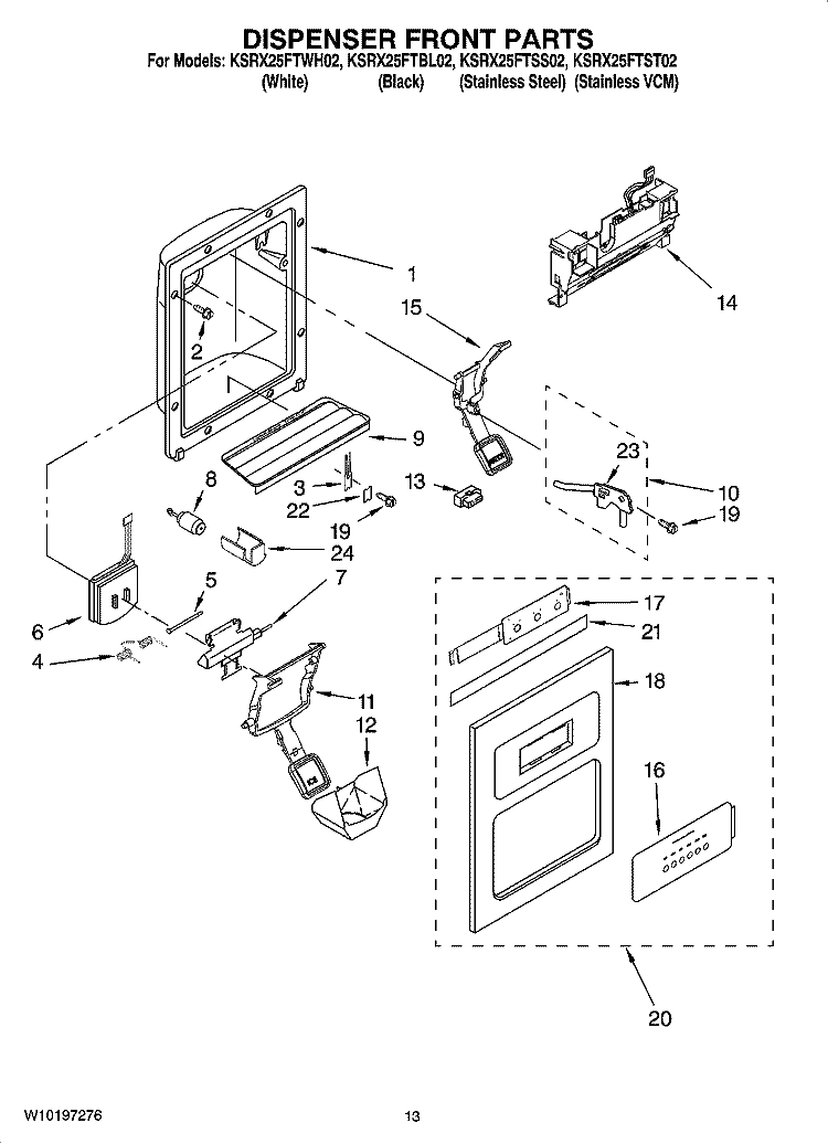 DISPENSER FRONT PARTS Diagram and Parts List for KSRX25FTSS02  KitchenAid Refrigerator