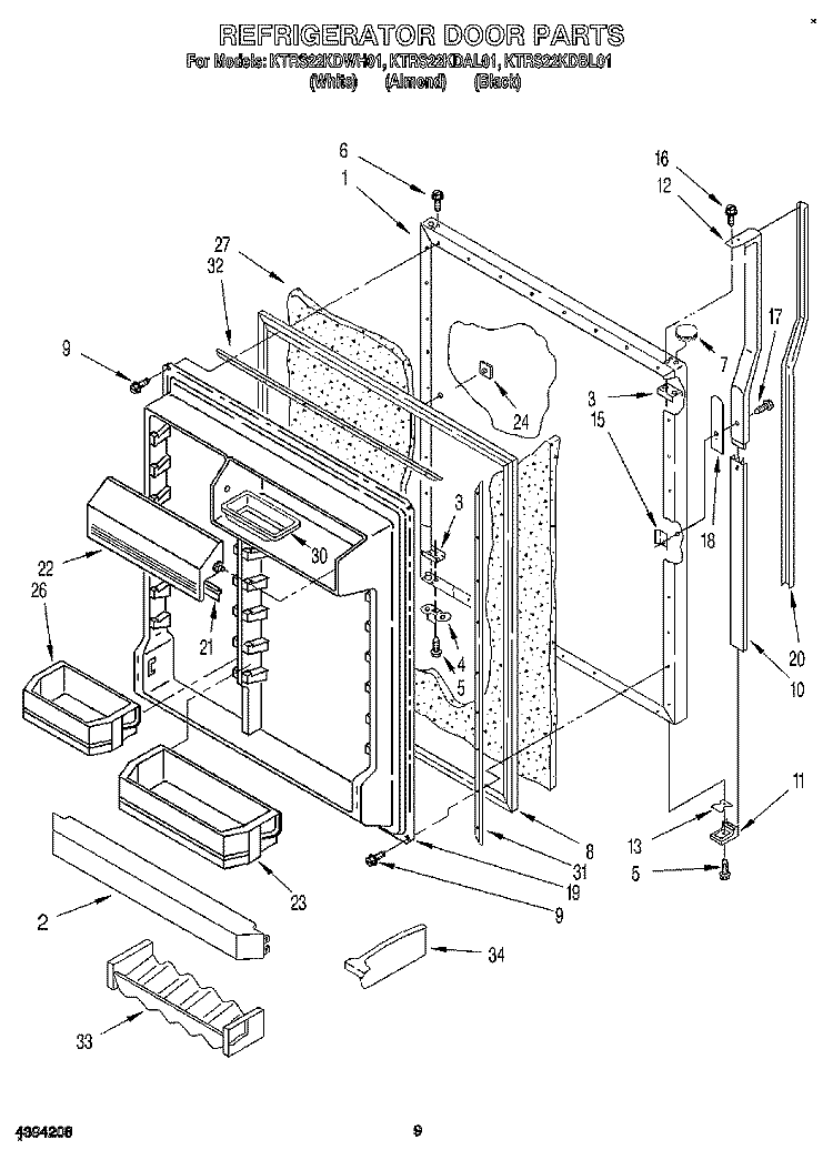 REFRIGERATOR DOOR Diagram and Parts List for KTRS22KDBL01  KitchenAid Refrigerator