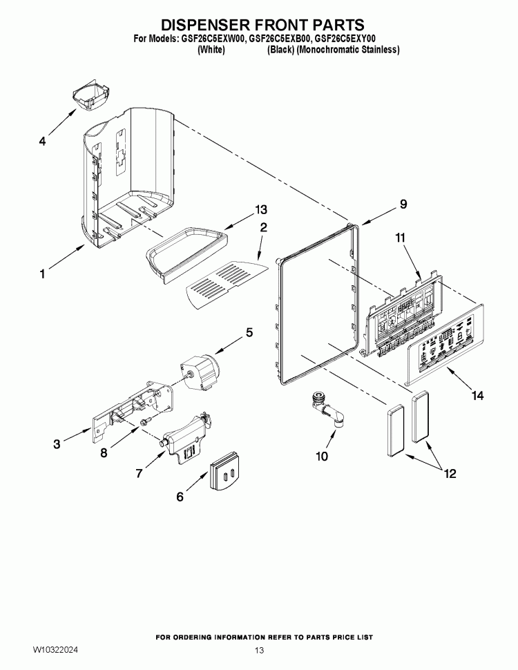 DISPENSER FRONT PARTS Diagram and Parts List for GSF26C5EXB00  Whirlpool Refrigerator