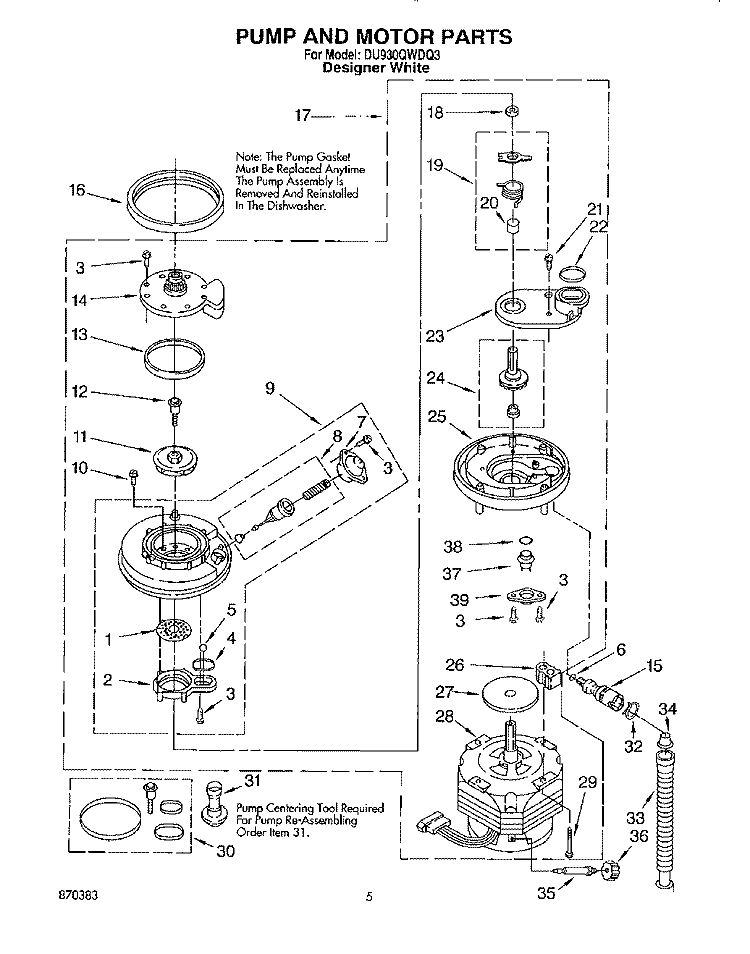 PUMP AND MOTOR Diagram and Parts List for DU930QWDQ3  Whirlpool Dishwasher