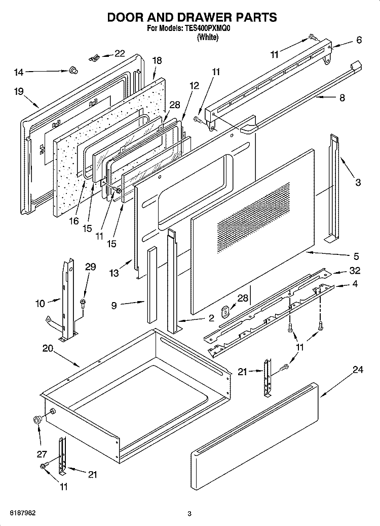 DOOR AND DRAWER PARTS Diagram and Parts List for TES400PXMQ0  Estate Range
