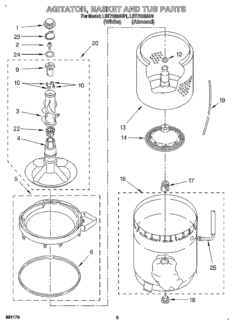 AGITATOR, BASKET AND TUB Diagram and Parts List for LST7233AW1  Whirlpool Washer