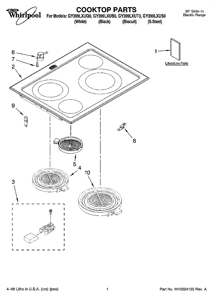 COOKTOP PARTS Diagram and Parts List for GY399LXUS0  Whirlpool Range