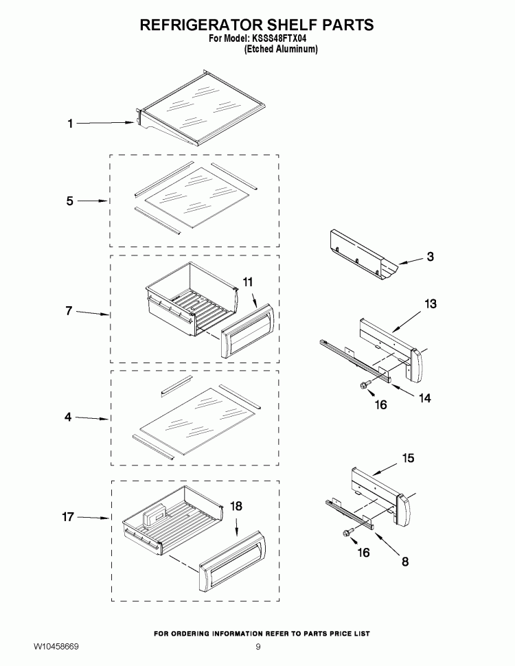 REFRIGERATOR SHELF PARTS Diagram and Parts List for KSSS48FTX04  KitchenAid Refrigerator
