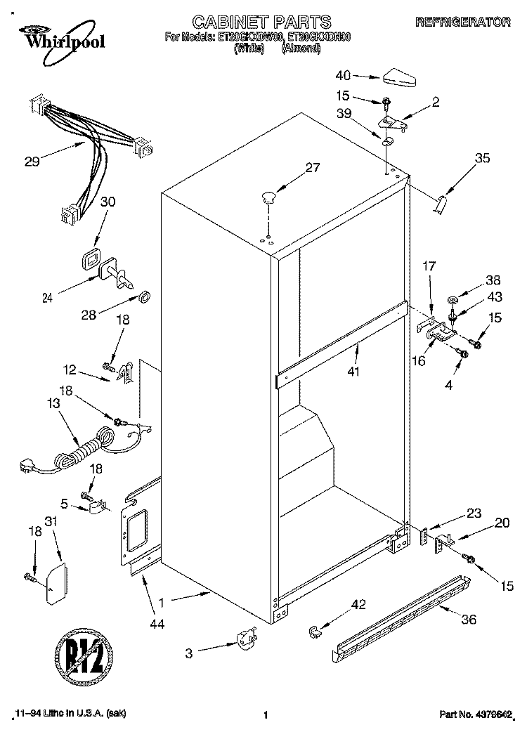 CABINET Diagram and Parts List for ET20GKXDN00  Whirlpool Refrigerator