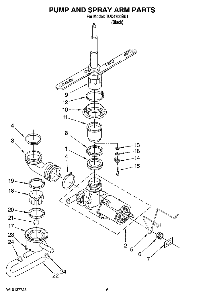 PUMP AND SPRAY ARM PARTS Diagram and Parts List for TUD4700SU1  Estate Dishwasher