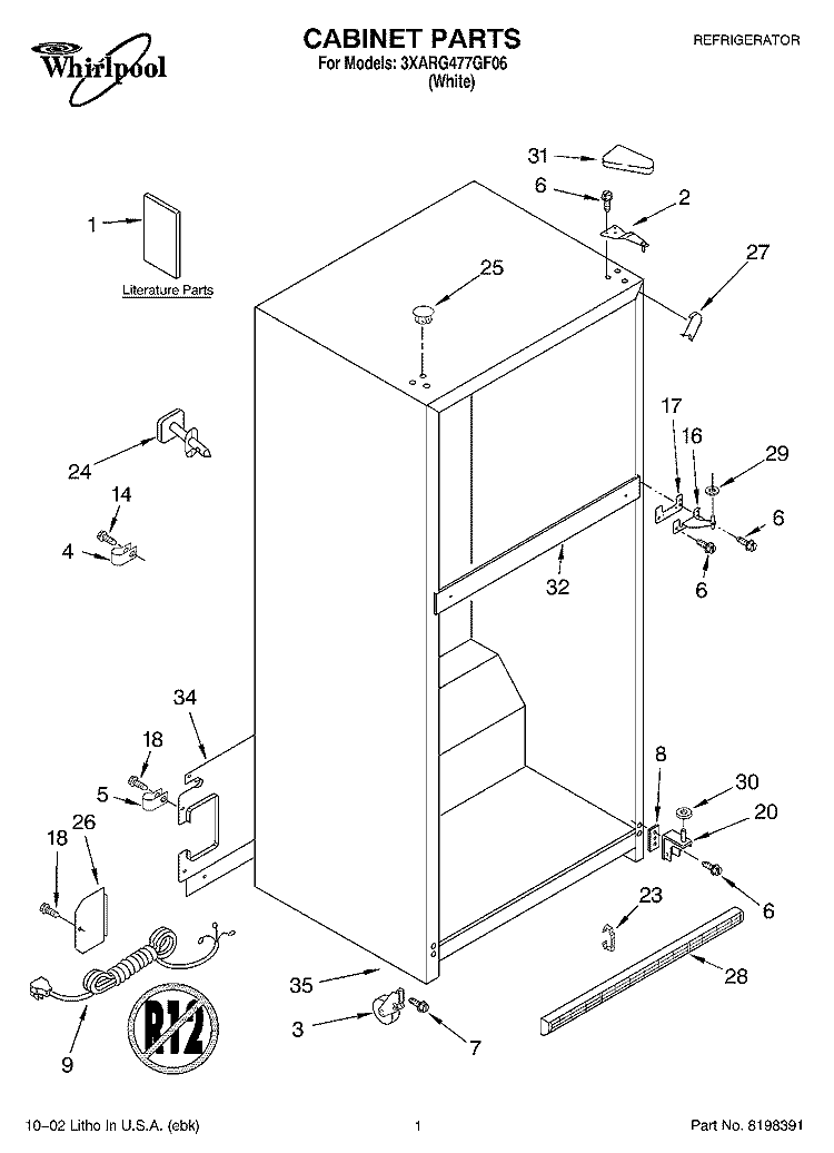 CABINET, LITERATURE Diagram and Parts List for 3XARG477GF06  Whirlpool Refrigerator