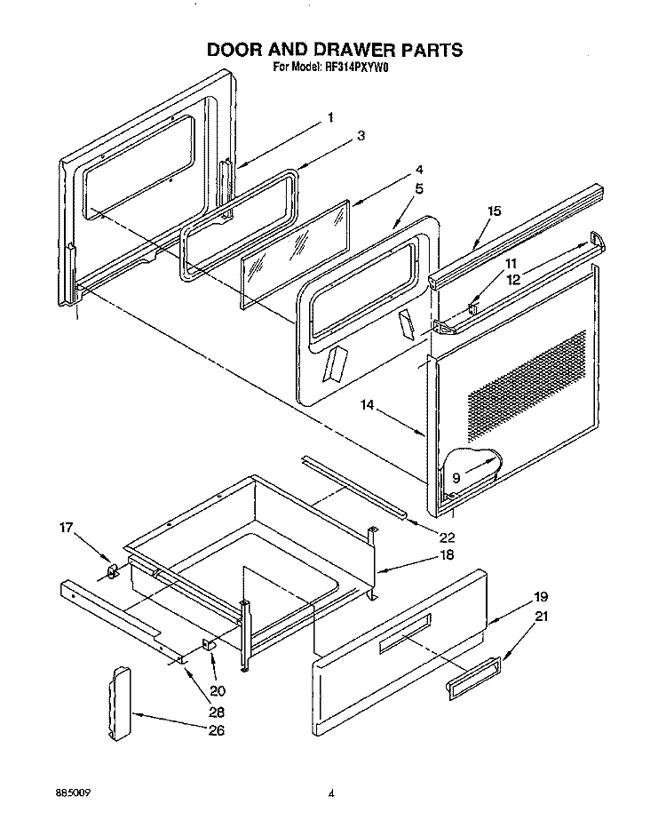 DOOR AND DRAWER Diagram and Parts List for RF314PXYW0  Whirlpool Range