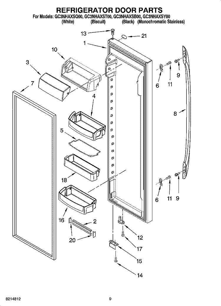 REFRIGERATOR DOOR PARTS Diagram and Parts List for GC3NHAXST00  Whirlpool Refrigerator