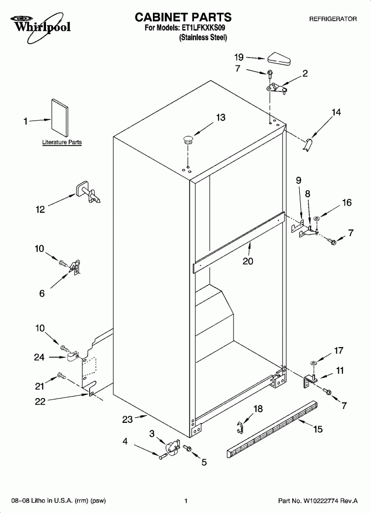 CABINET PARTS Diagram and Parts List for ET1LFKXKS09  Whirlpool Refrigerator