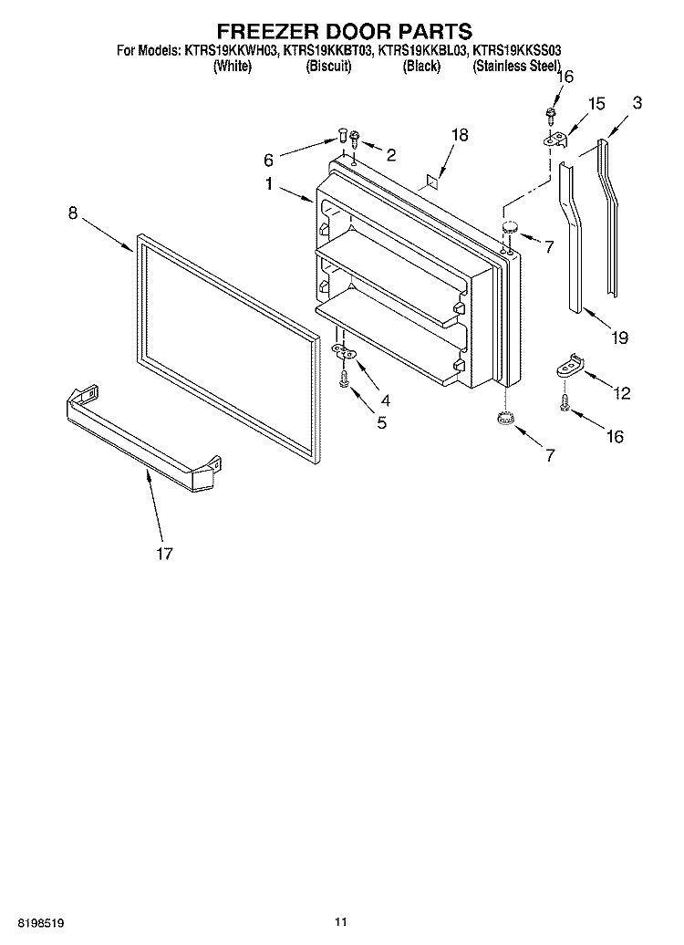 FREEZER DOOR PARTS, OPTIONAL PARTS Diagram and Parts List for KTRS19KKBT03  KitchenAid Refrigerator