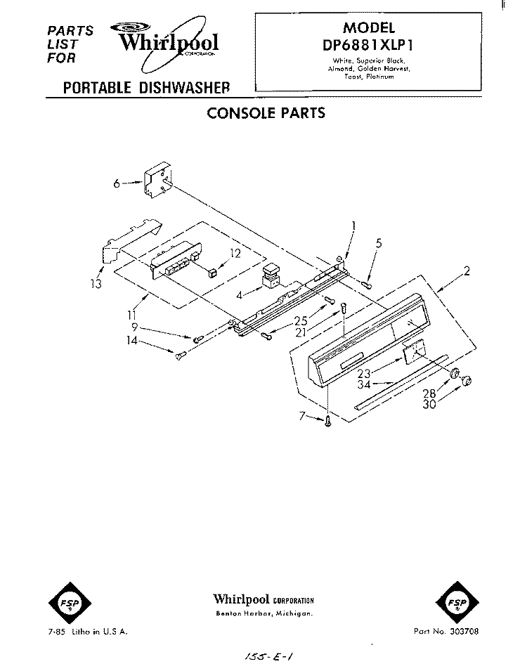CONSOLE Diagram and Parts List for DP6881XLP1  Whirlpool Dishwasher