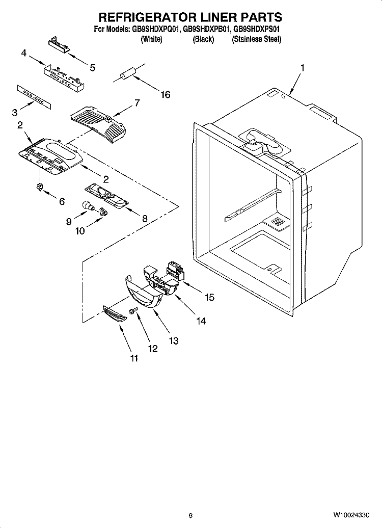 REFRIGERATOR LINER PARTS Diagram and Parts List for GB9SHDXPQ01  Whirlpool Refrigerator