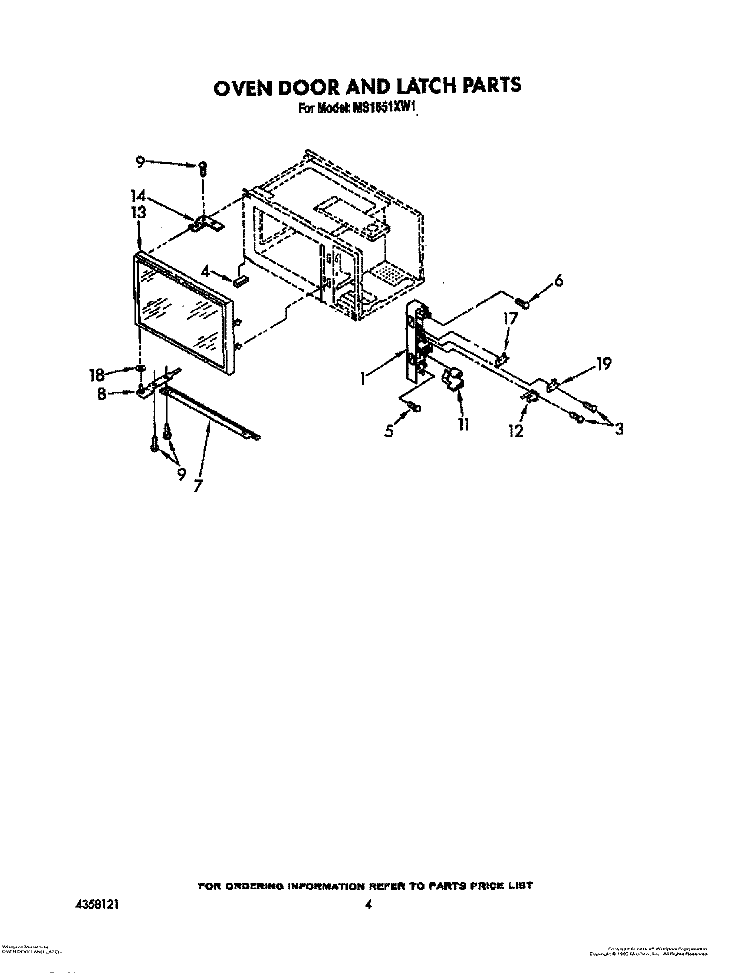 OVEN DOOR AND LATCH Diagram and Parts List for MS1651XW1  Whirlpool Microwave