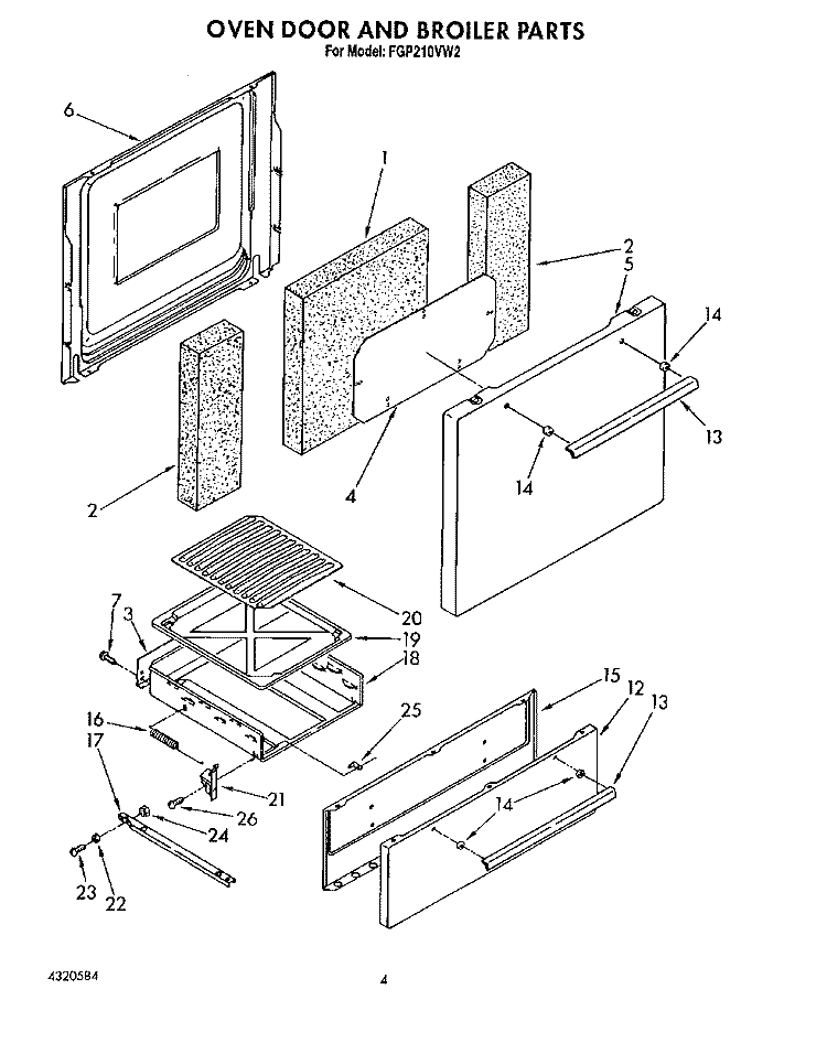 OVEN DOOR AND BROILER Diagram and Parts List for FGP210VL2  Whirlpool Range