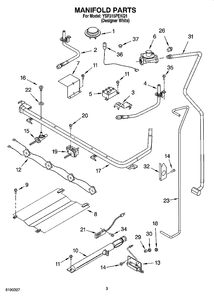 MANIFOLD PARTS Diagram and Parts List for YSF315PEKQ1  Whirlpool Range