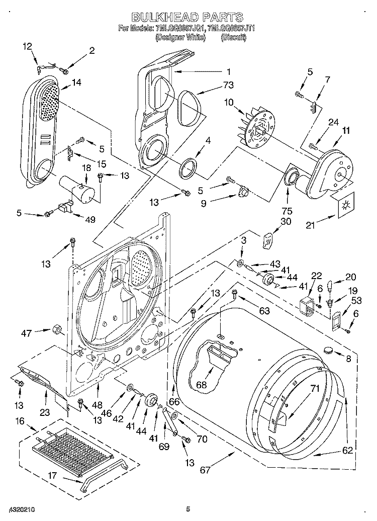 BULKHEAD Diagram and Parts List for 7MLGQ8857JQ1  Whirlpool Dryer