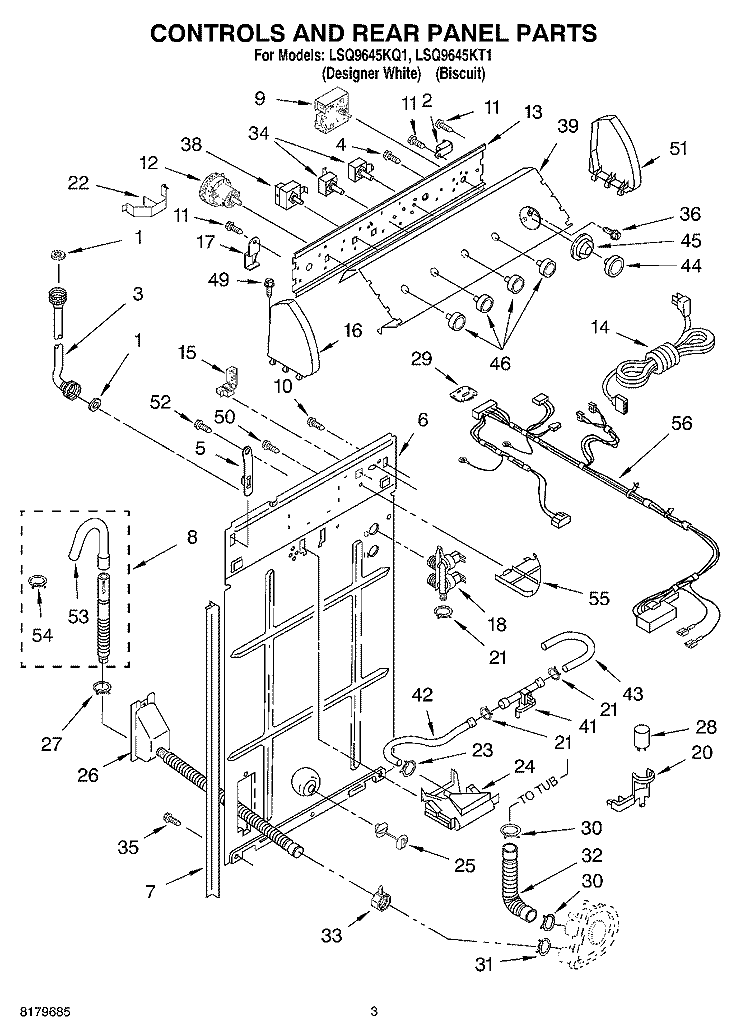 CONTROLS AND REAR PANEL Diagram and Parts List for LSQ9645KQ1  Whirlpool Washer