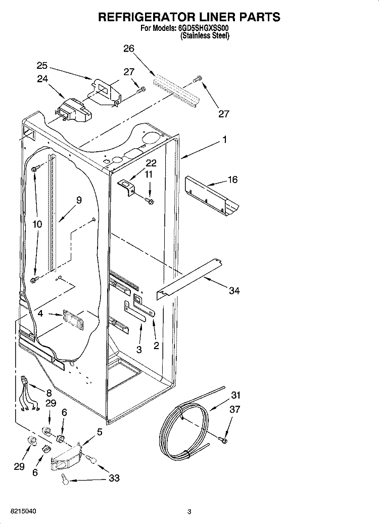 REFRIGERATOR LINER PARTS Diagram and Parts List for 6GD5SHGXSS00  Whirlpool Refrigerator